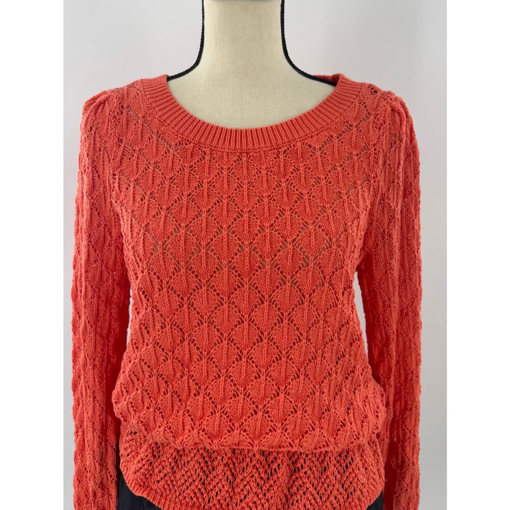 Anthropologie Flounce Hem Pointelle Sweater Orange Coral Knit Lace Sweater M